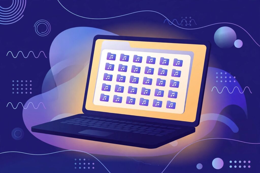 Thư mục trên laptop với các file bài học MP3 được sắp xếp gọn gàng, một thư viện cá nhân lớn dần mỗi khi ai đó quyết định tải giọng đọc ChatGPT thành MP3