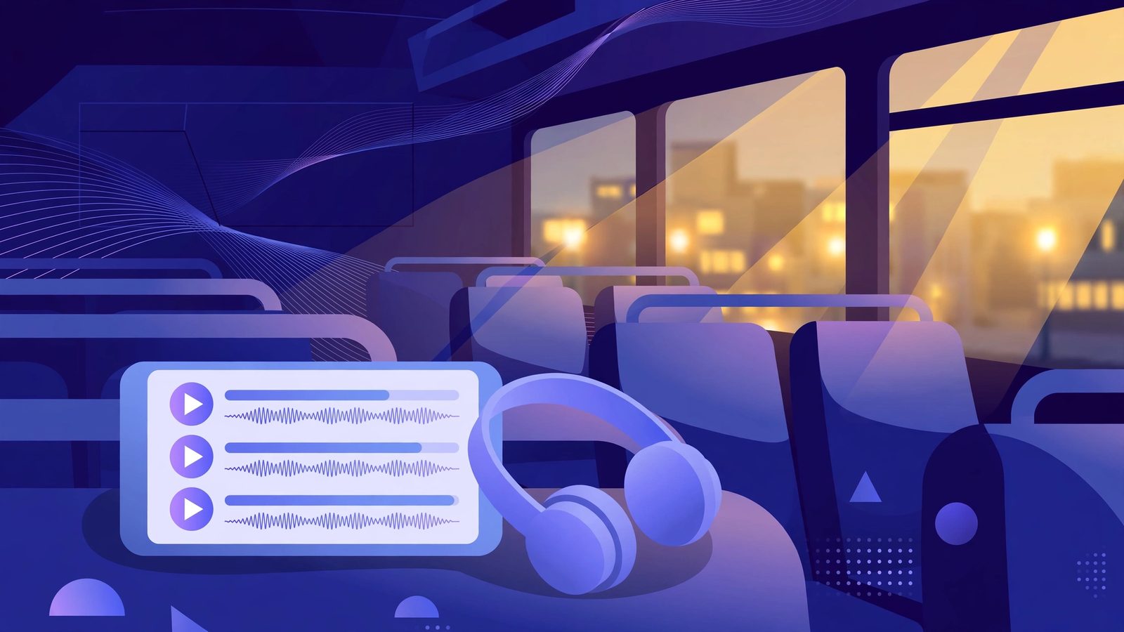Phone with an offline listening playlist beside headphones on a bus, built when learners save Gemini read-aloud audio lessons