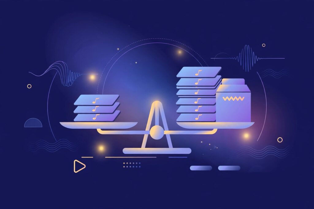So sánh Free và Pro được thể hiện như một cán cân với vài file âm thanh ở một bên và một chồng file cùng hộp ZIP ở bên còn lại