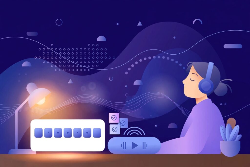 Quyết định Free và Pro dựa trên thói quen nghe, với một người đeo tai nghe tại bàn làm việc cạnh một cuốn lịch tuần và ghi chú thói quen